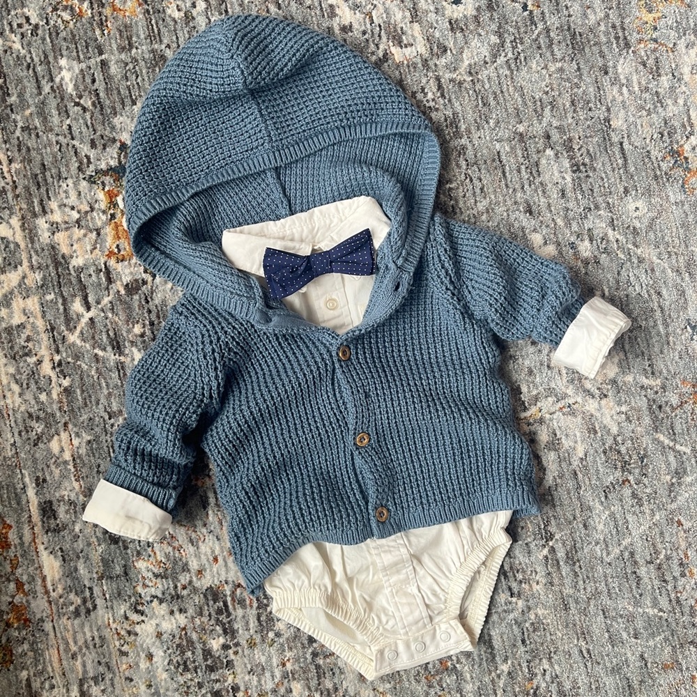 Carter's Blue Knit Cardigan, with collared onesie and Bow Tie 6M